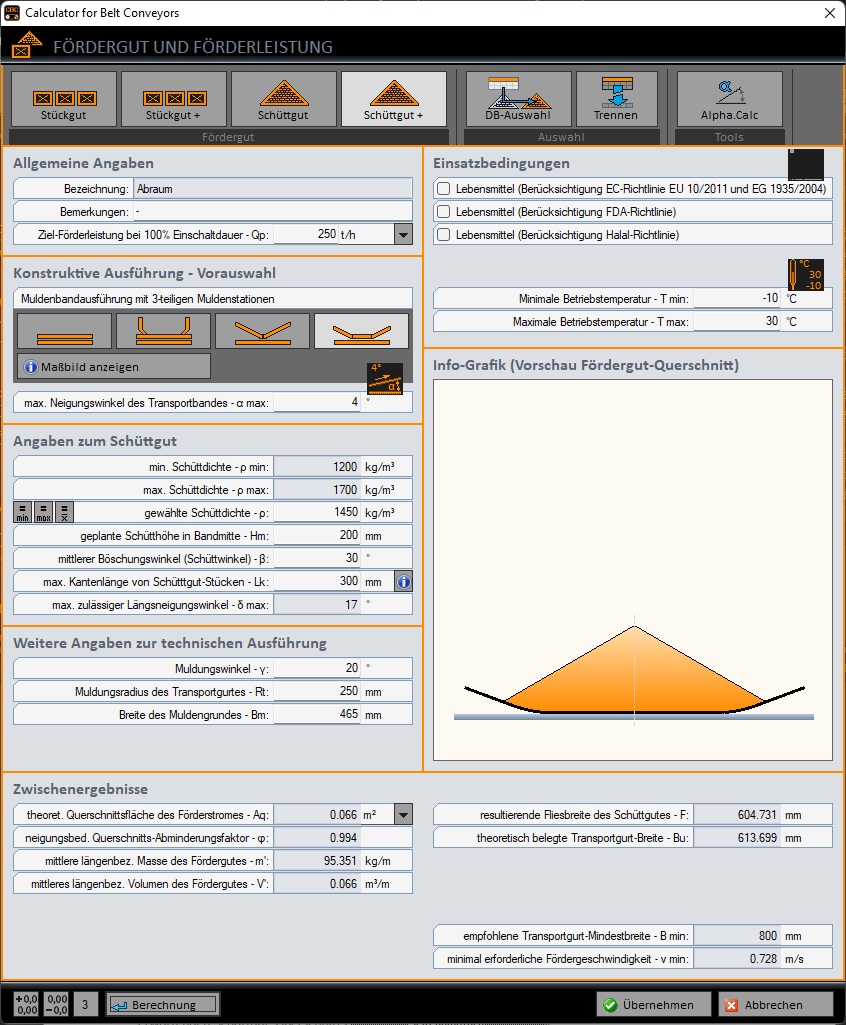 Calculator for Belt Conveyors - conveyed material and conveying capacity for bulk materials